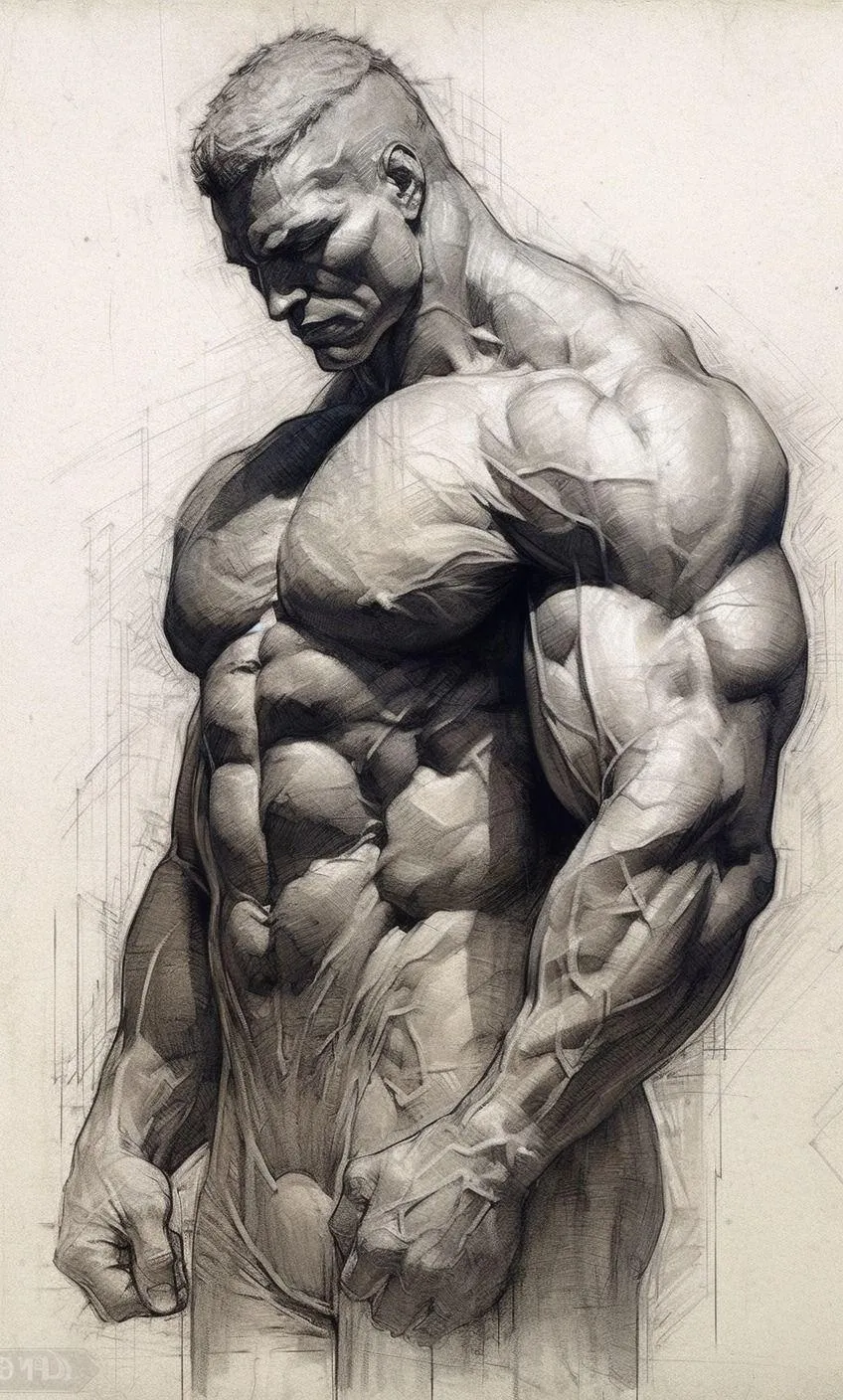 Detailed Pencil Sketch of a Muscular Male Bodybuilding Pose