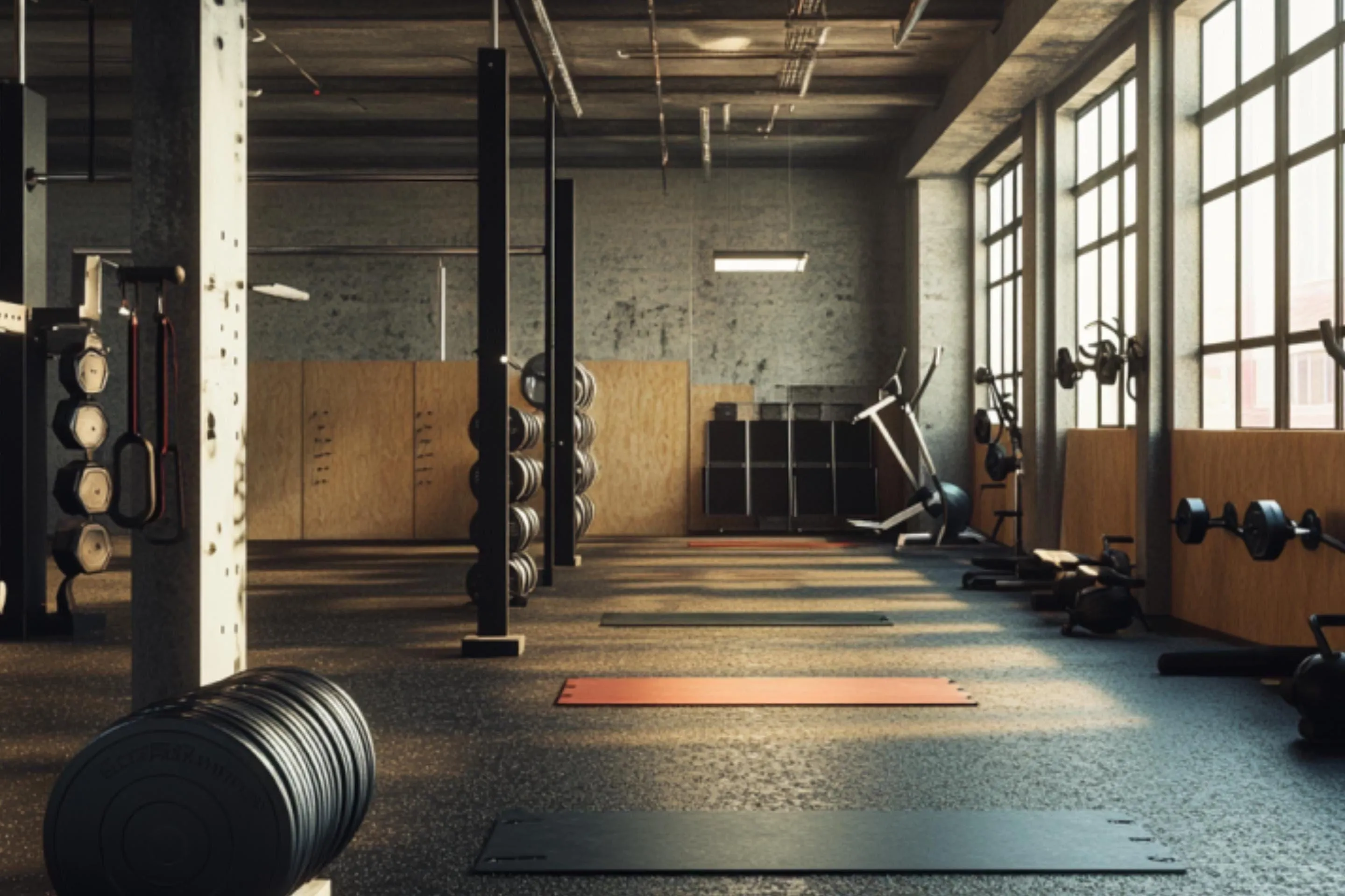 Empty Spacious Gym With Weights and Workout Mats Wallpaper