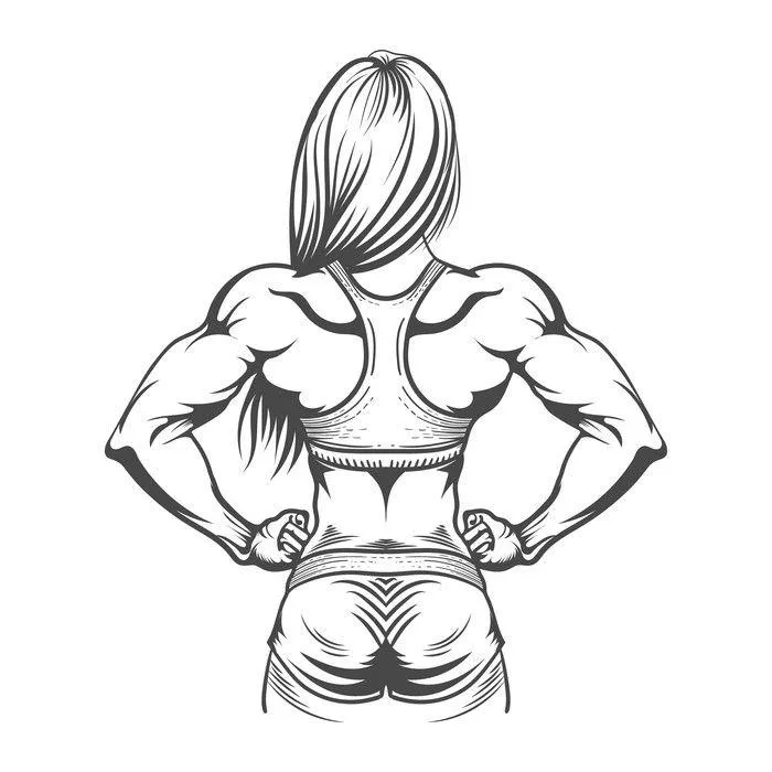 Female Bodybuilder Showing Powerful Back and Arm Muscles Logo