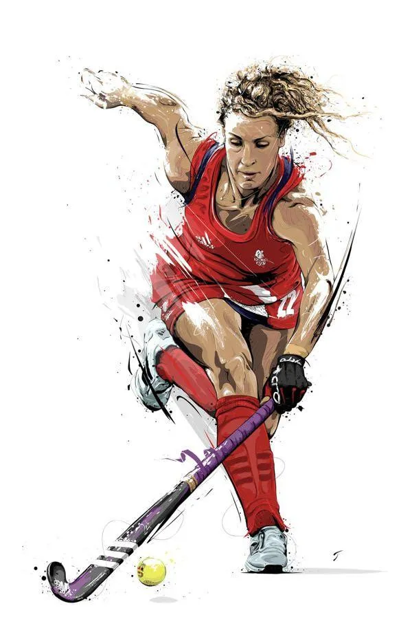 Female Hockey Player in Red Uniform Swinging Stick in Game