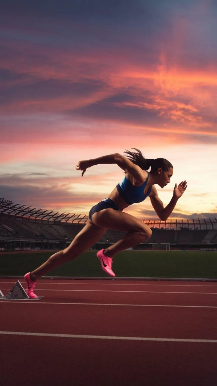 Female Sprinter Starting a Race on Track With a Sunset Sky