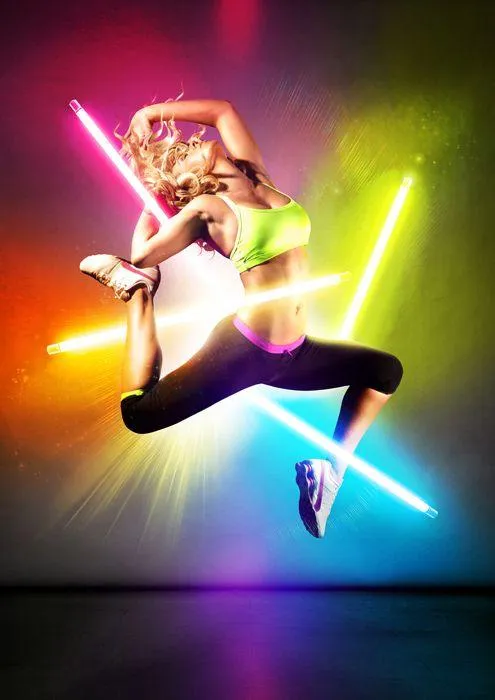 Fit Woman Jumping With Neon Lights in Workout Motion