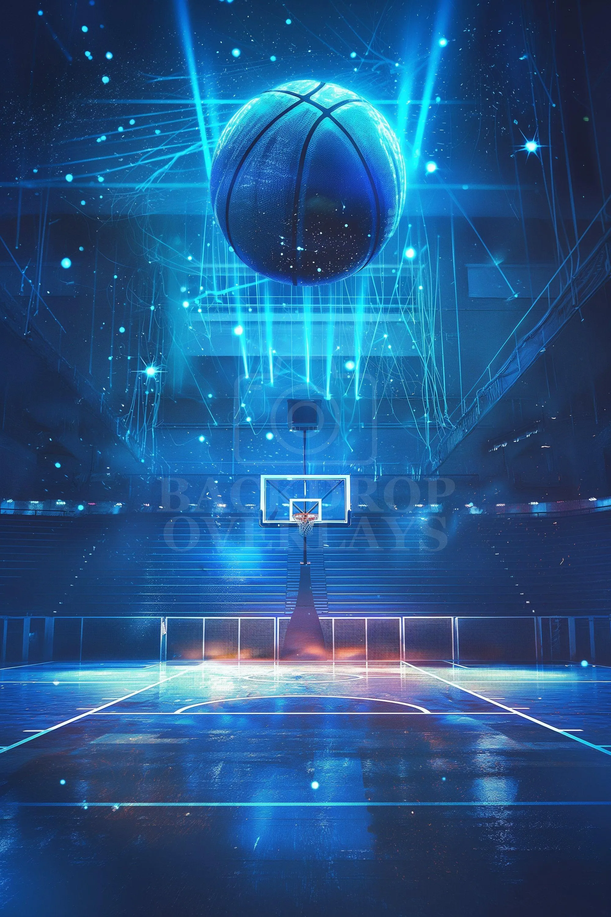 Futuristic Basketball Court Glowing With Neon Blue Lights