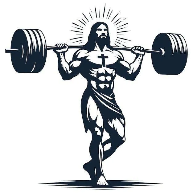 Illustration of a Muscular Jesus Lifting Barbell Weights