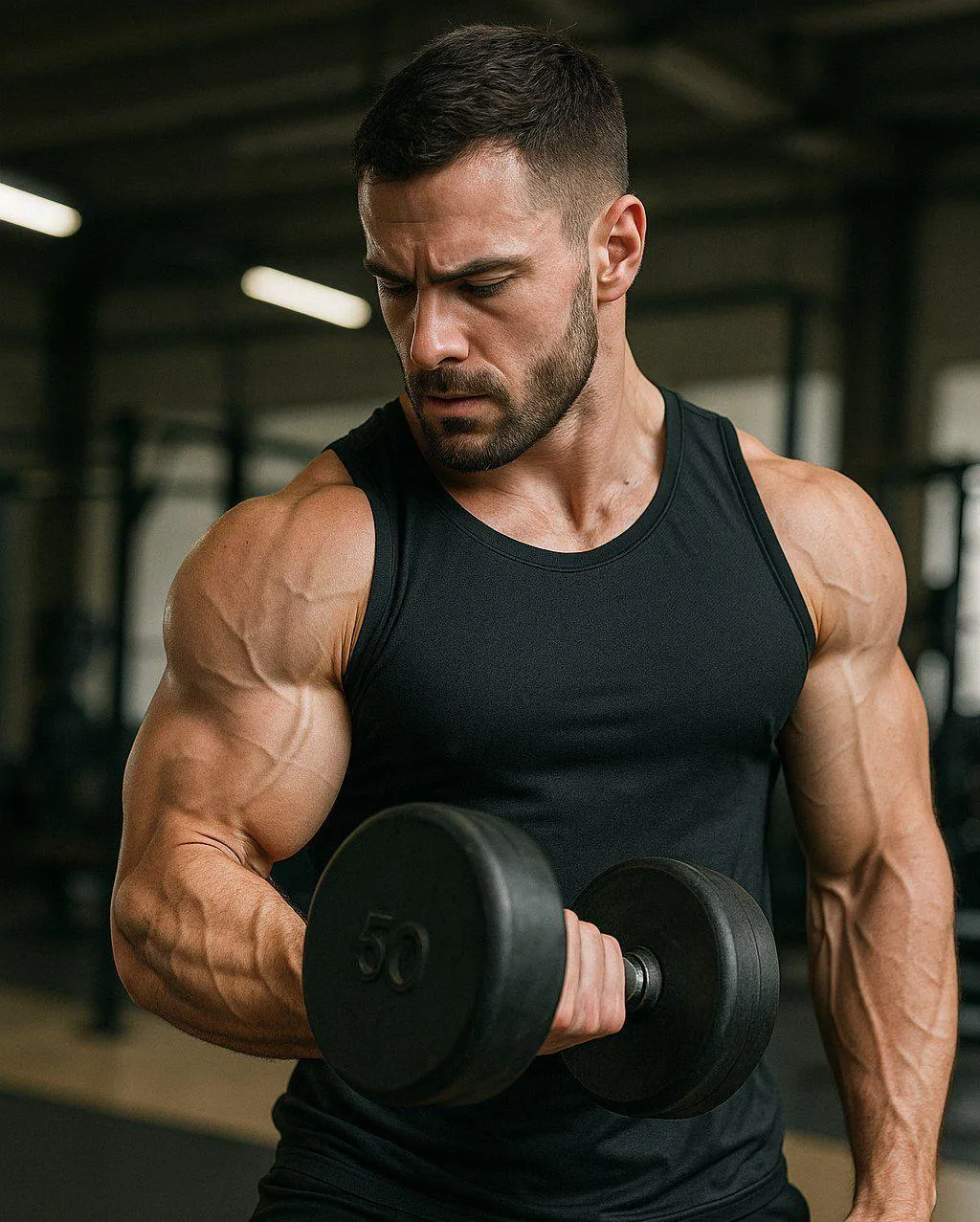 Man Doing Dumbbell Curls For Building Arm Muscle Strength