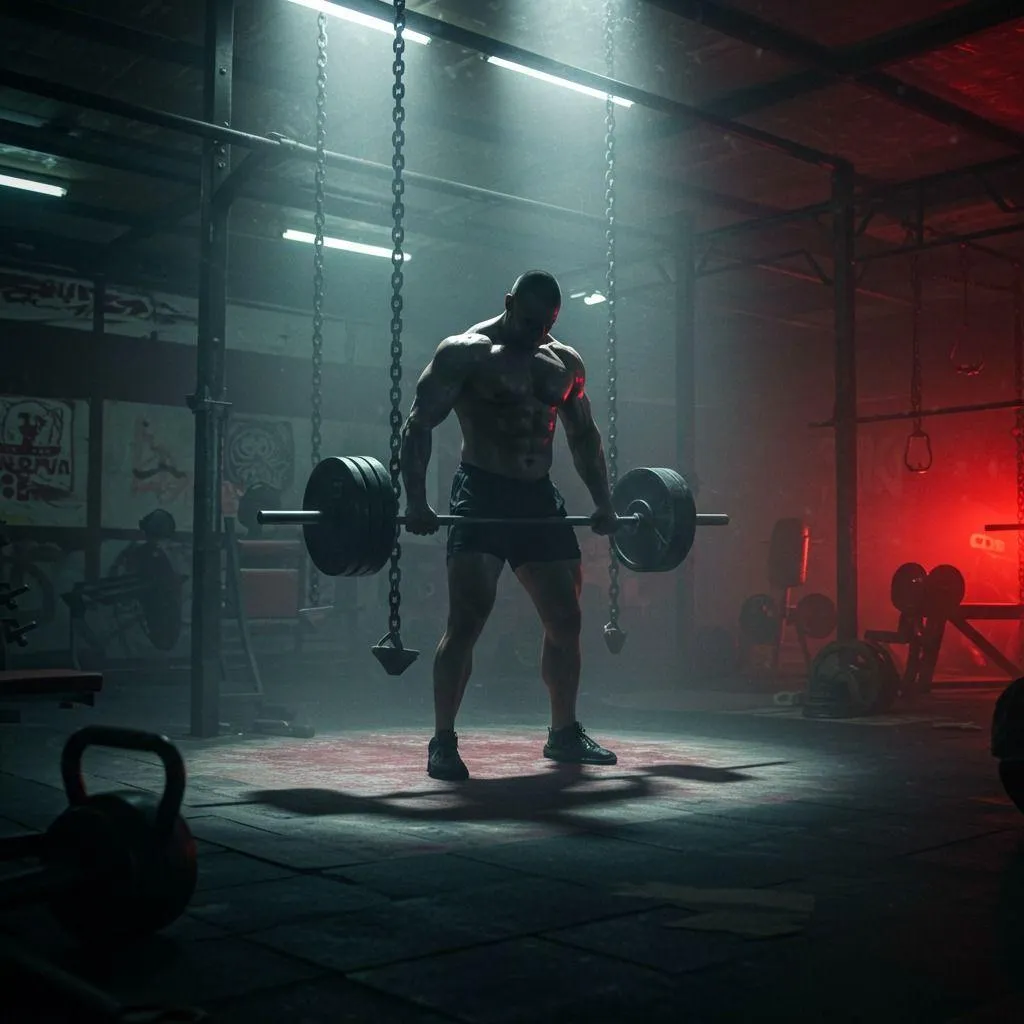 Man Lifting Weights Under a Dramatic Gym Lighting Ambiance
