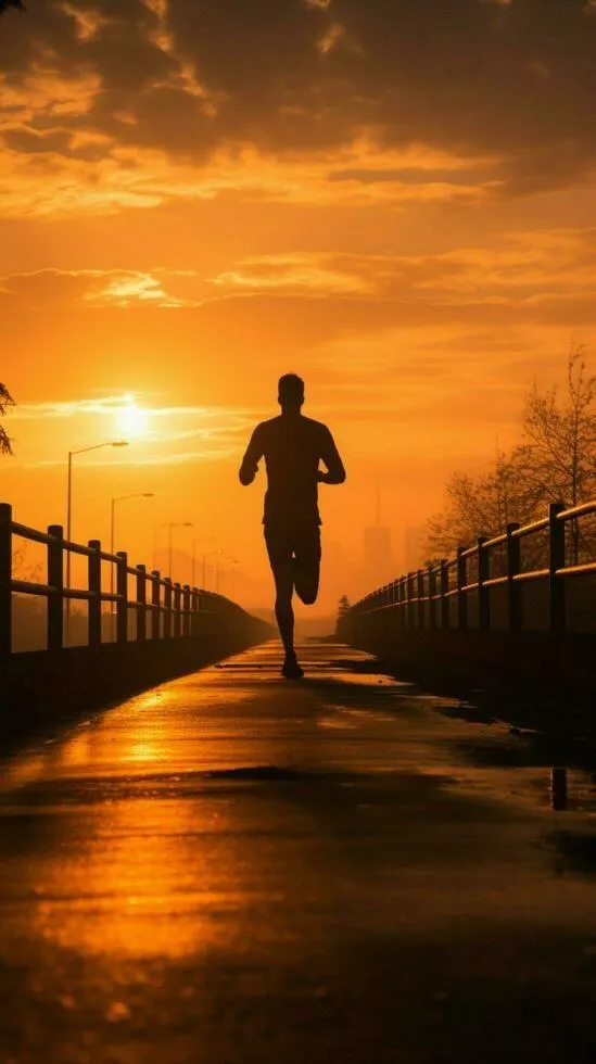 Man Running on Bridge During Golden Hour Sunrise Light