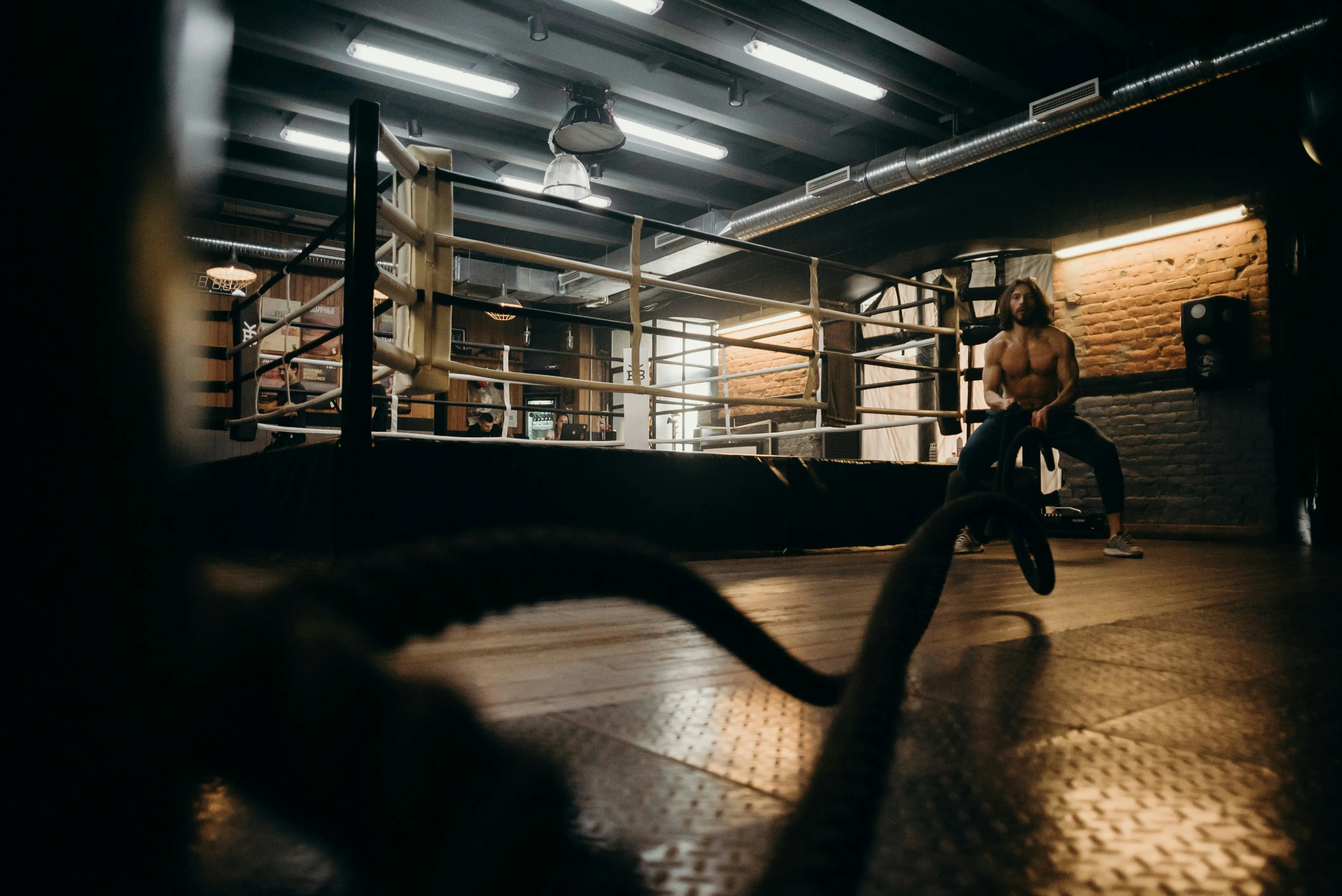 Man Training With Battle Ropes Alone Landscape Wallpaper