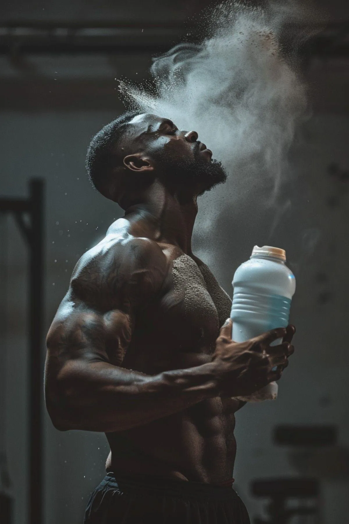 Muscular Man Drinking a Shake With Steam in the Gym Lighting