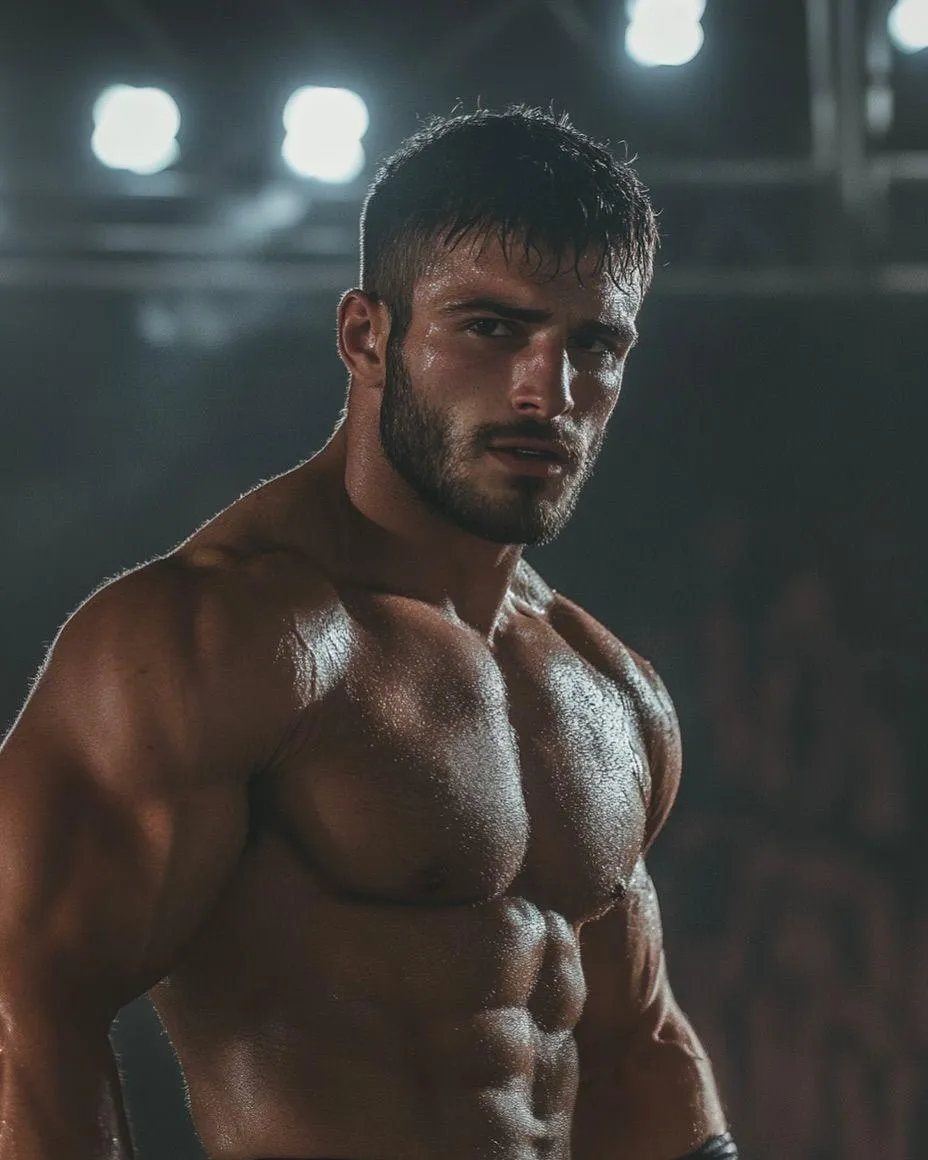 Muscular Man Flexing Shirtless Under Dramatic Lighting