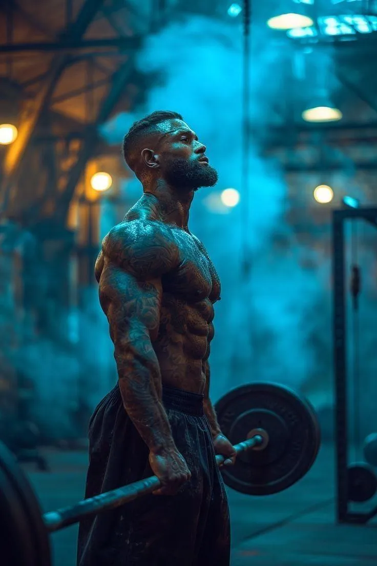 Muscular Man Lifting Weights in a Gym With Dramatic Lighting