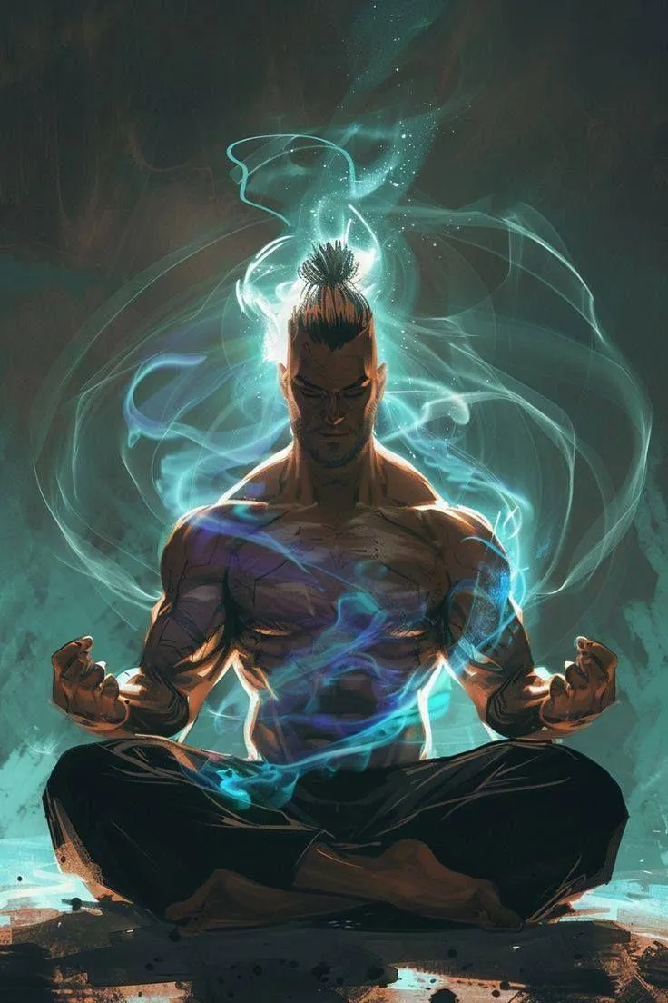 Muscular Man Meditating With Glowing Energy Effects Around