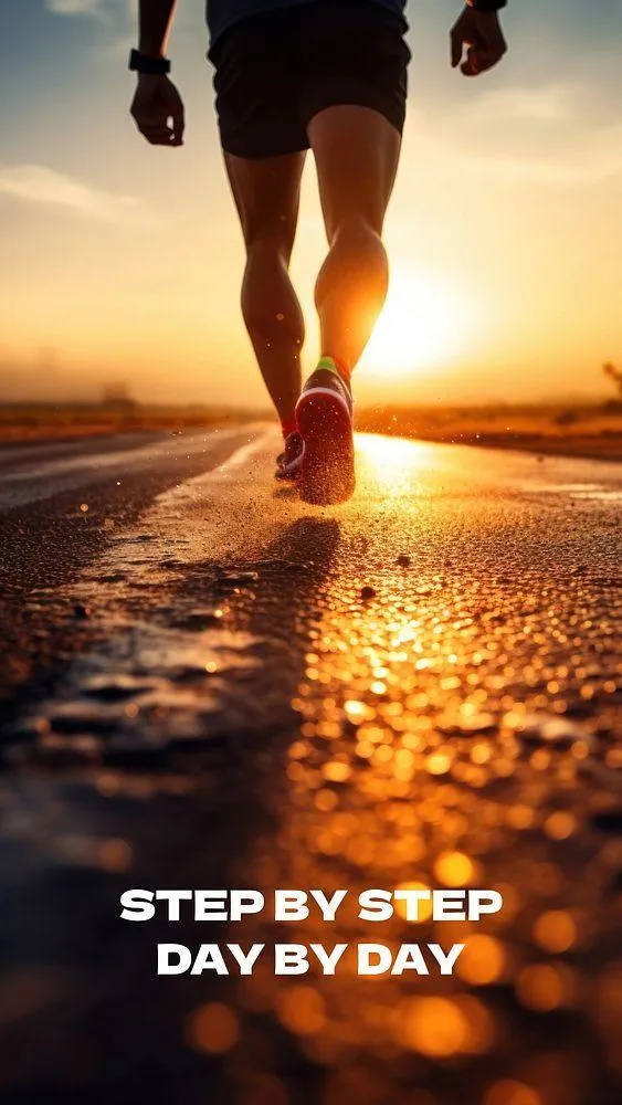 Runner Jogging At Sunrise With Text Step By Step Day By Day
