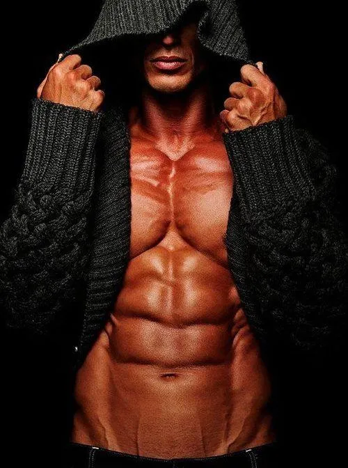 Shirtless Man in Hoodie Showing Ripped Abs and Physique