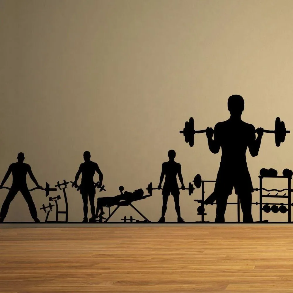 Silhouettes of Gym Workout Scenes on a Wall Free Wallpaper
