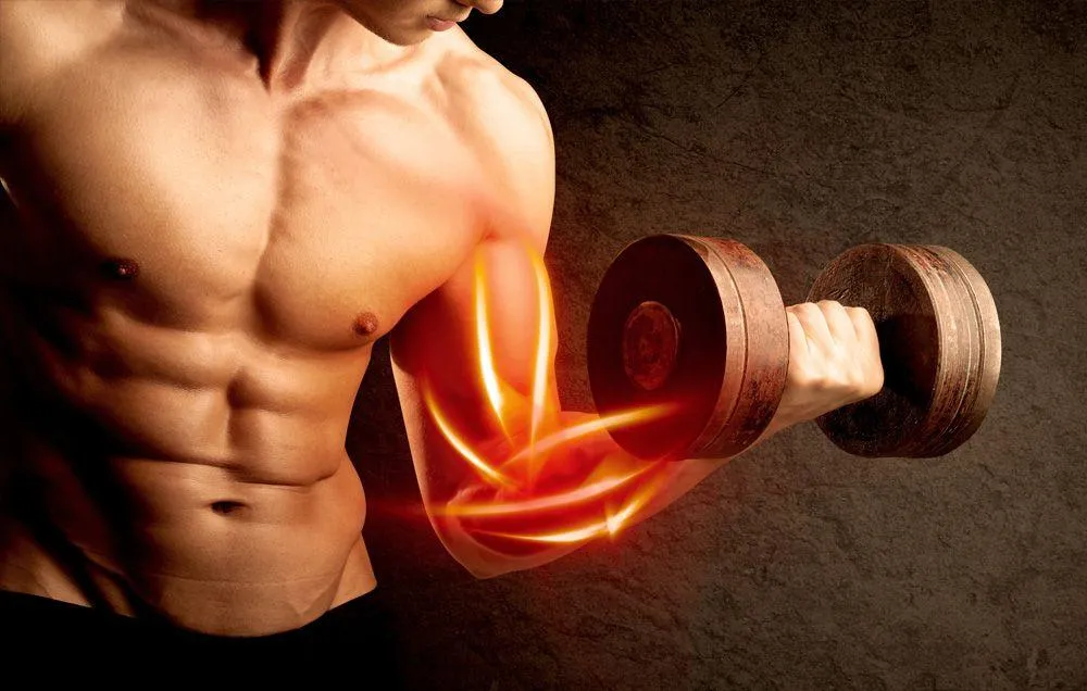 Strong Arm Lifting a Dumbbell With a Glowing Energy Burst