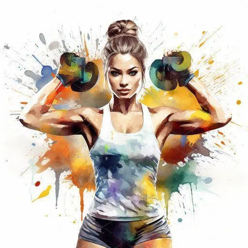 Strong Woman Lifting Weights With Colorful Paint Splash
