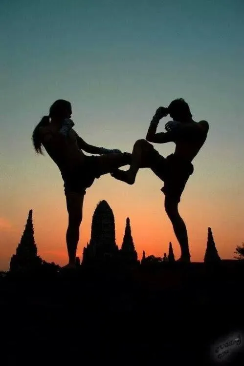 Two People Practicing Martial Arts Kicks At Sunset Outdoors