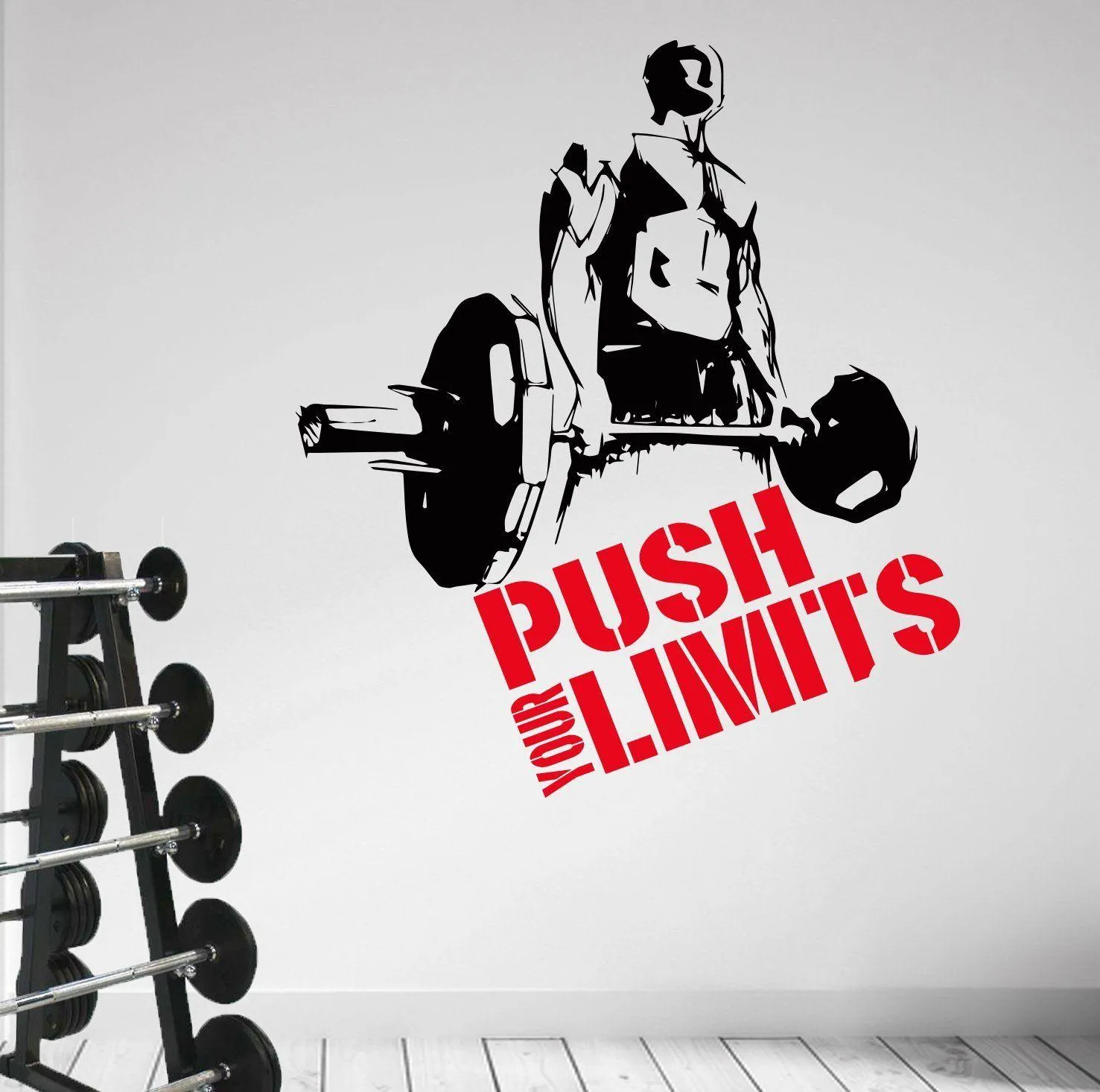 Weightlifter Pushing Limits Decal on White Wall With Equipment
