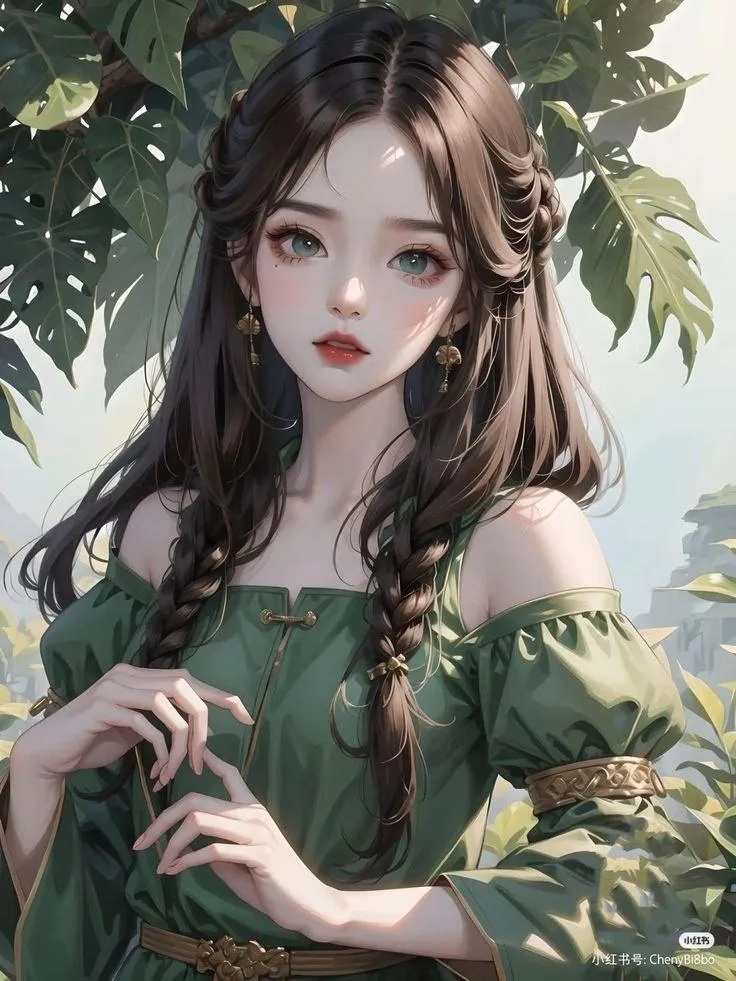Anime Style Artwork Ofa Girl in a Green Off Shoulder Dress
