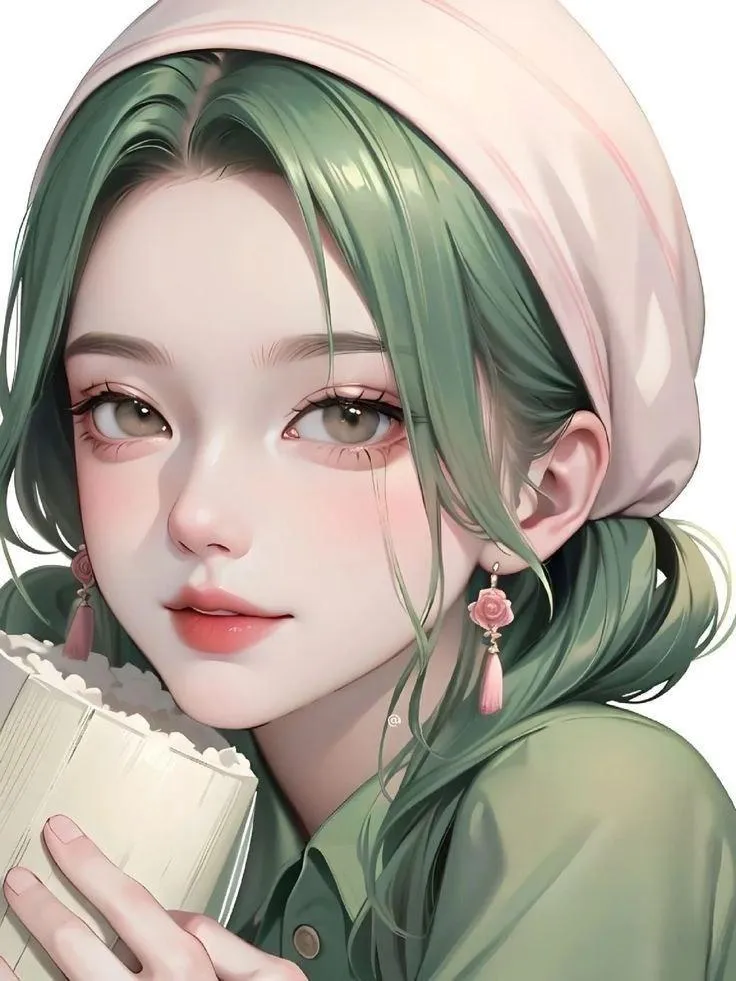Anime style girl with green hair holding a delicate flower
