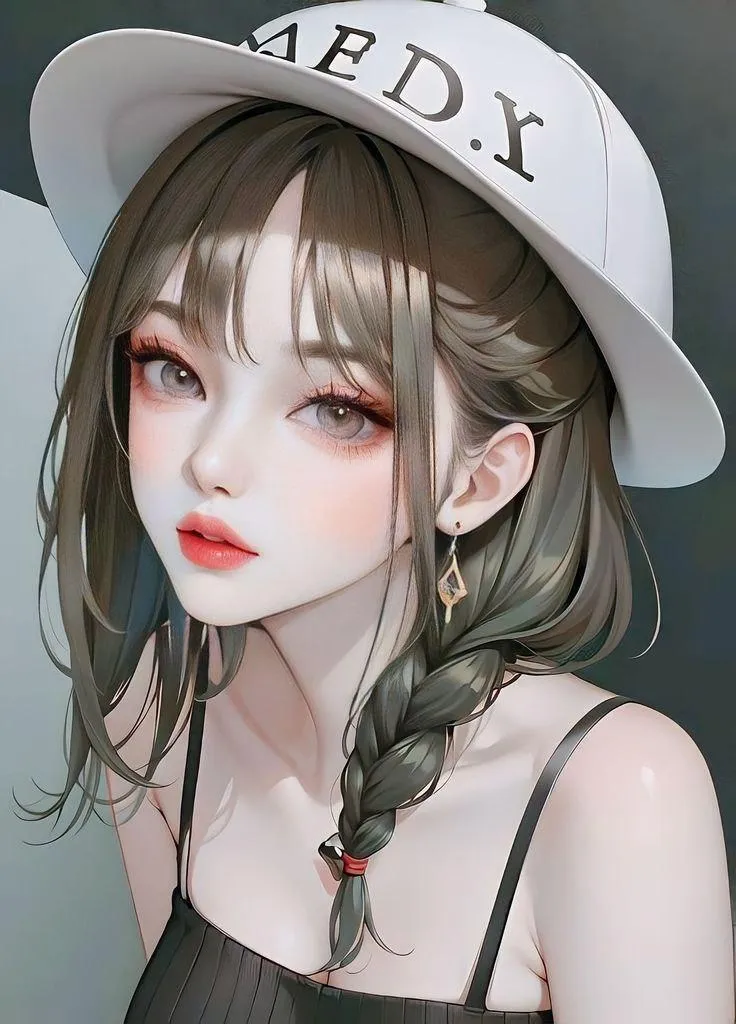 Anime Style Girl with Long Hair Wearing Hat with Braided Hair