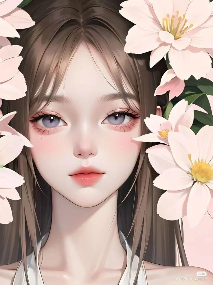Anime style illustration of girl surrounded by white flowers