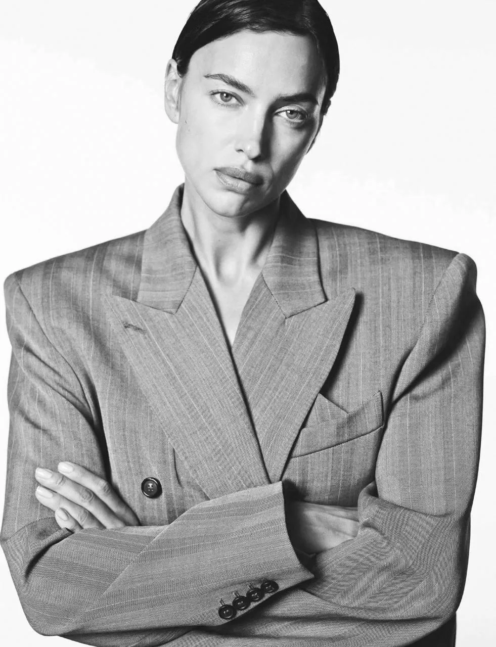 Black And White Portrait of a Woman in a Classic Grey Suit