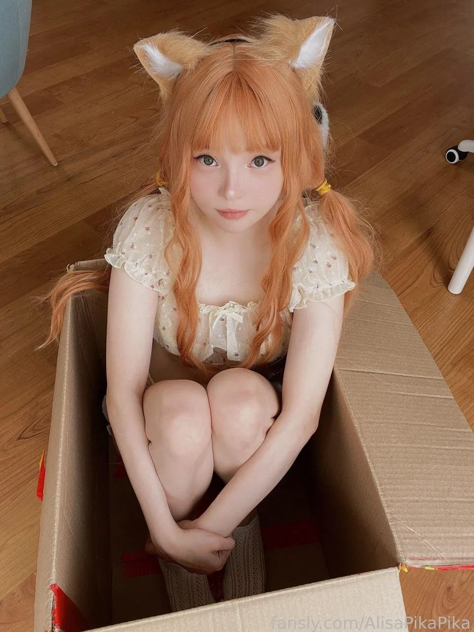 Cosplay Girl in Lingerie Posing Inside a Cardboard Box Image