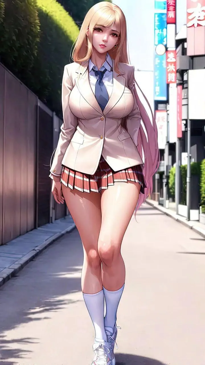Cosplay Model Dressed in a School Uniform on a City Street
