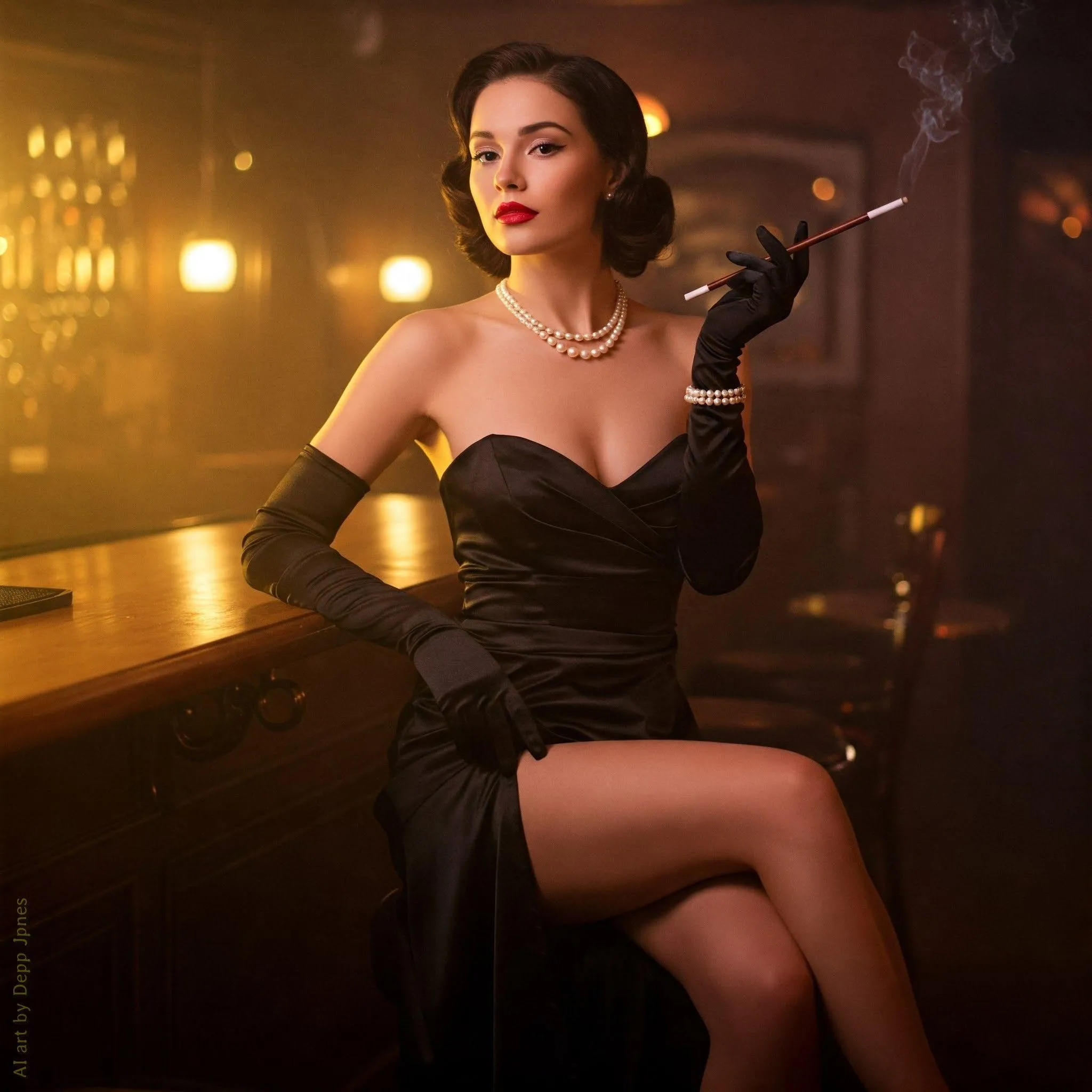 Elegant Woman in a Black Dress Posing in a Vintage Style Bar