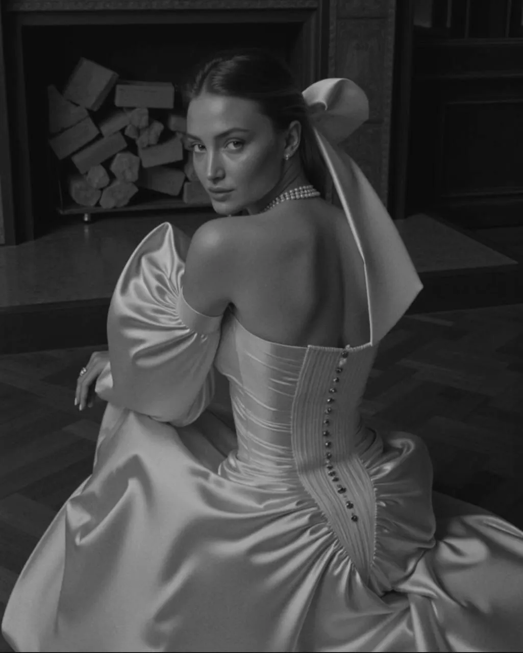 Elegant woman in a white dress glancing over her shoulder