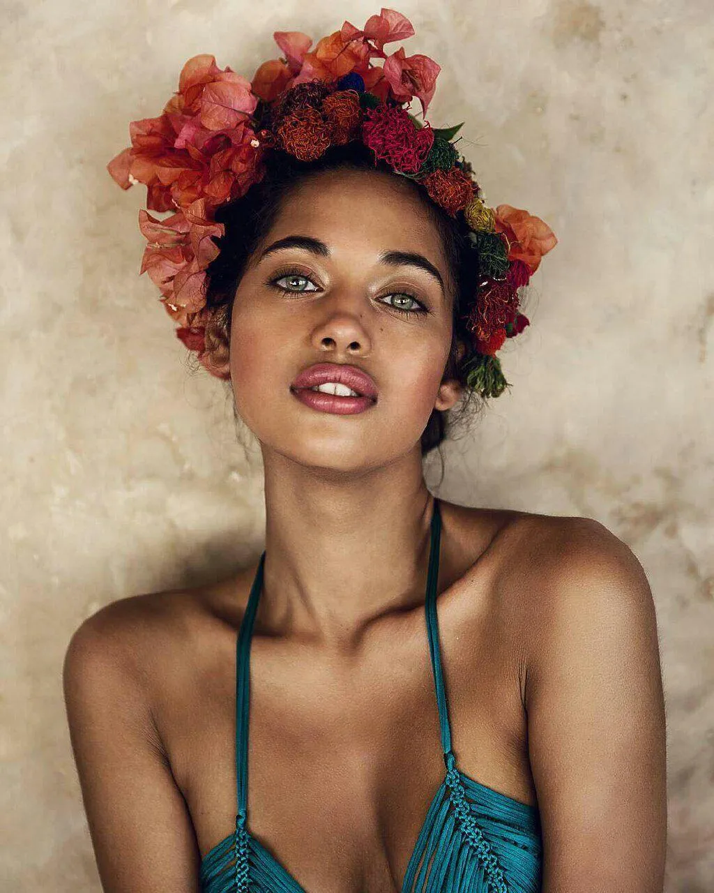Exotic Model Wearing Flower Crown And Green Strappy Top