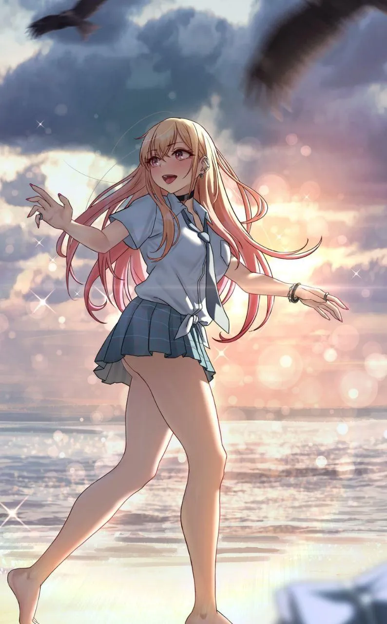 Fantasy Anime Girl by the Ocean with a Colorful Glowing Sky