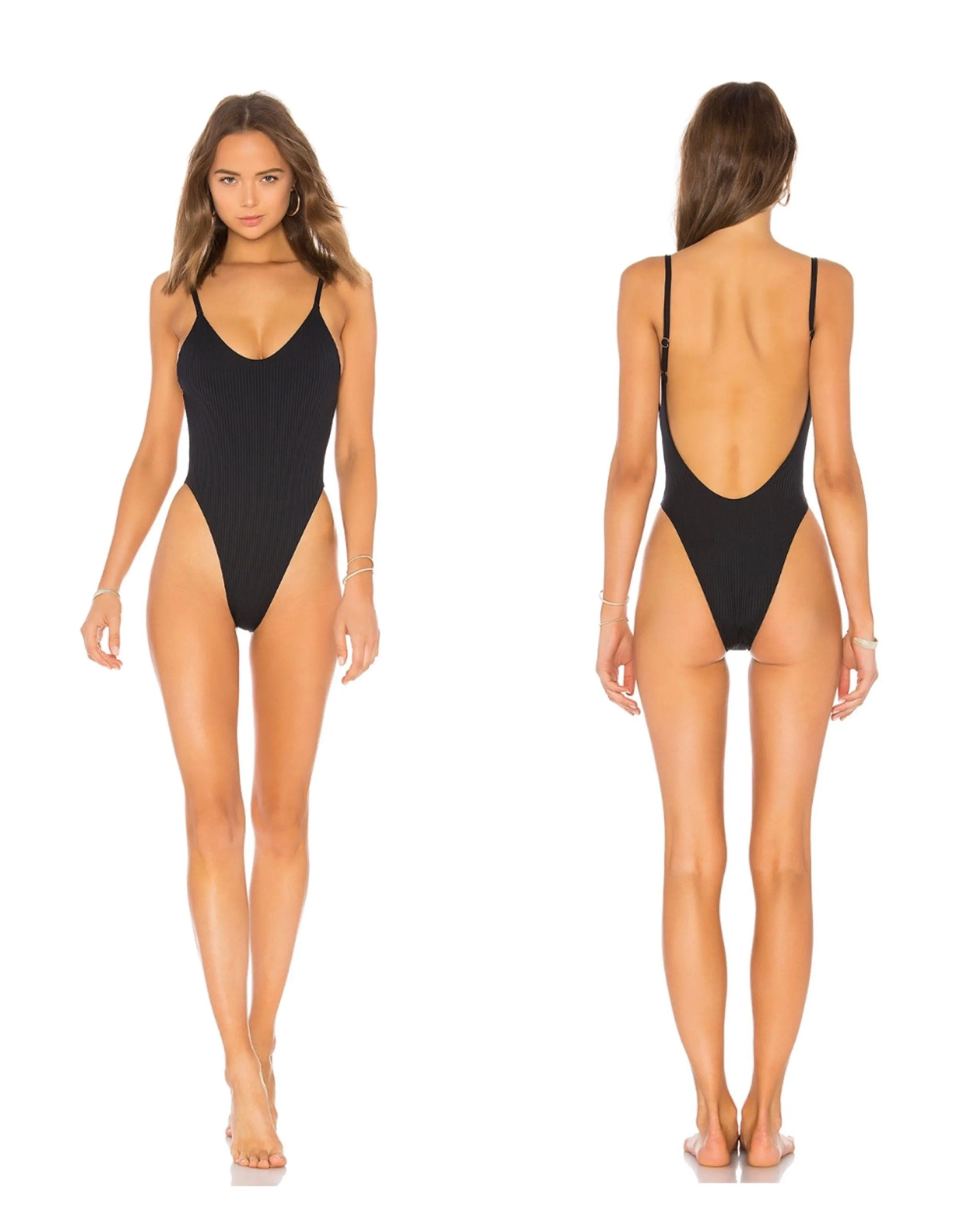 Front And Back View of a Woman Modeling a One Piece Swimsuit