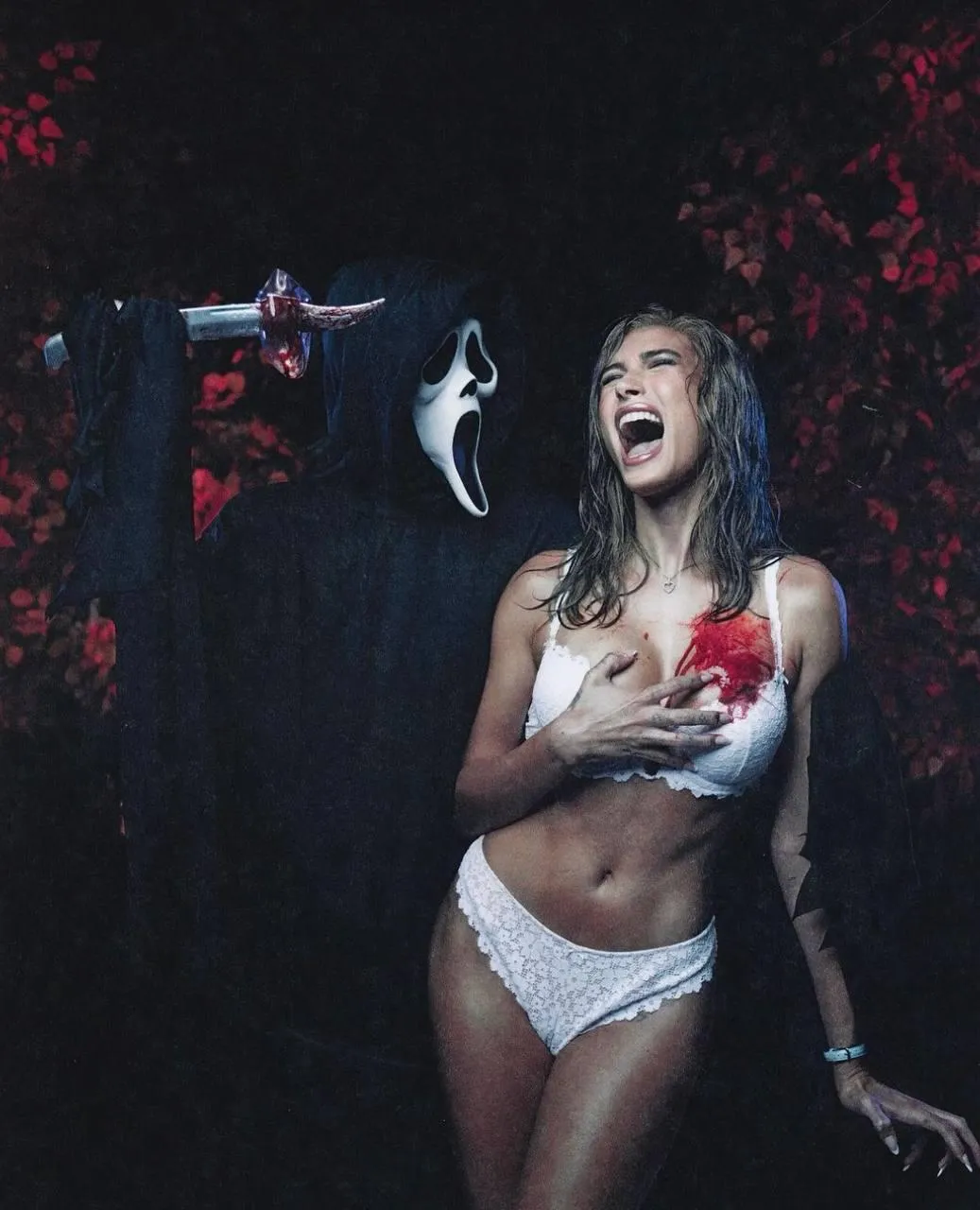 Halloween Themed Lingerie Shoot with Masked Figure Wallpaper