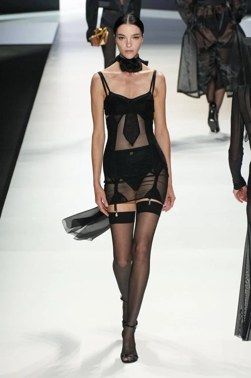 Model in black lingerie walking on a fashion runway image
