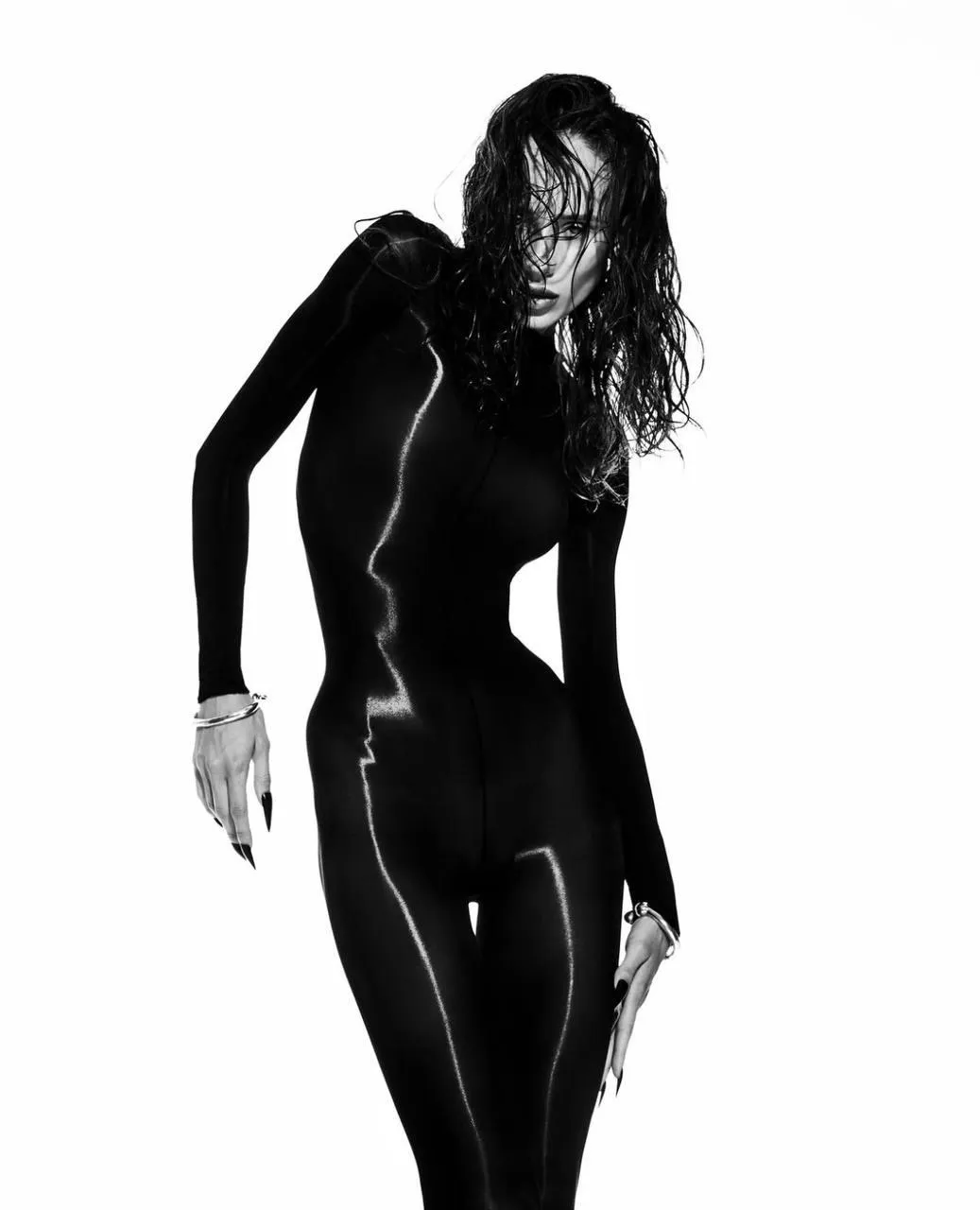 Silhouette style black and white woman in a bodysuit picture