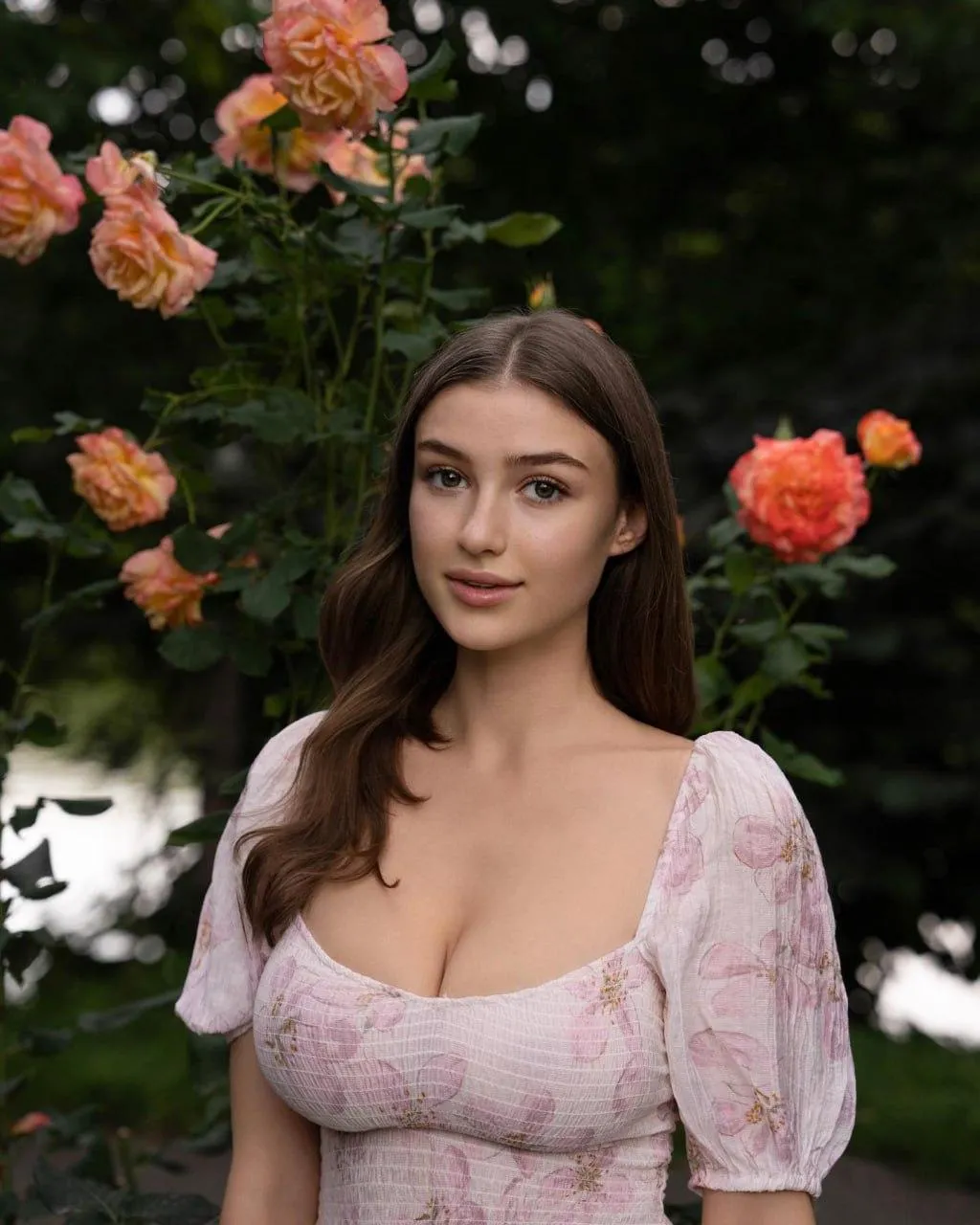 Smiling Woman Surrounded by Roses in Soft Daylight Image