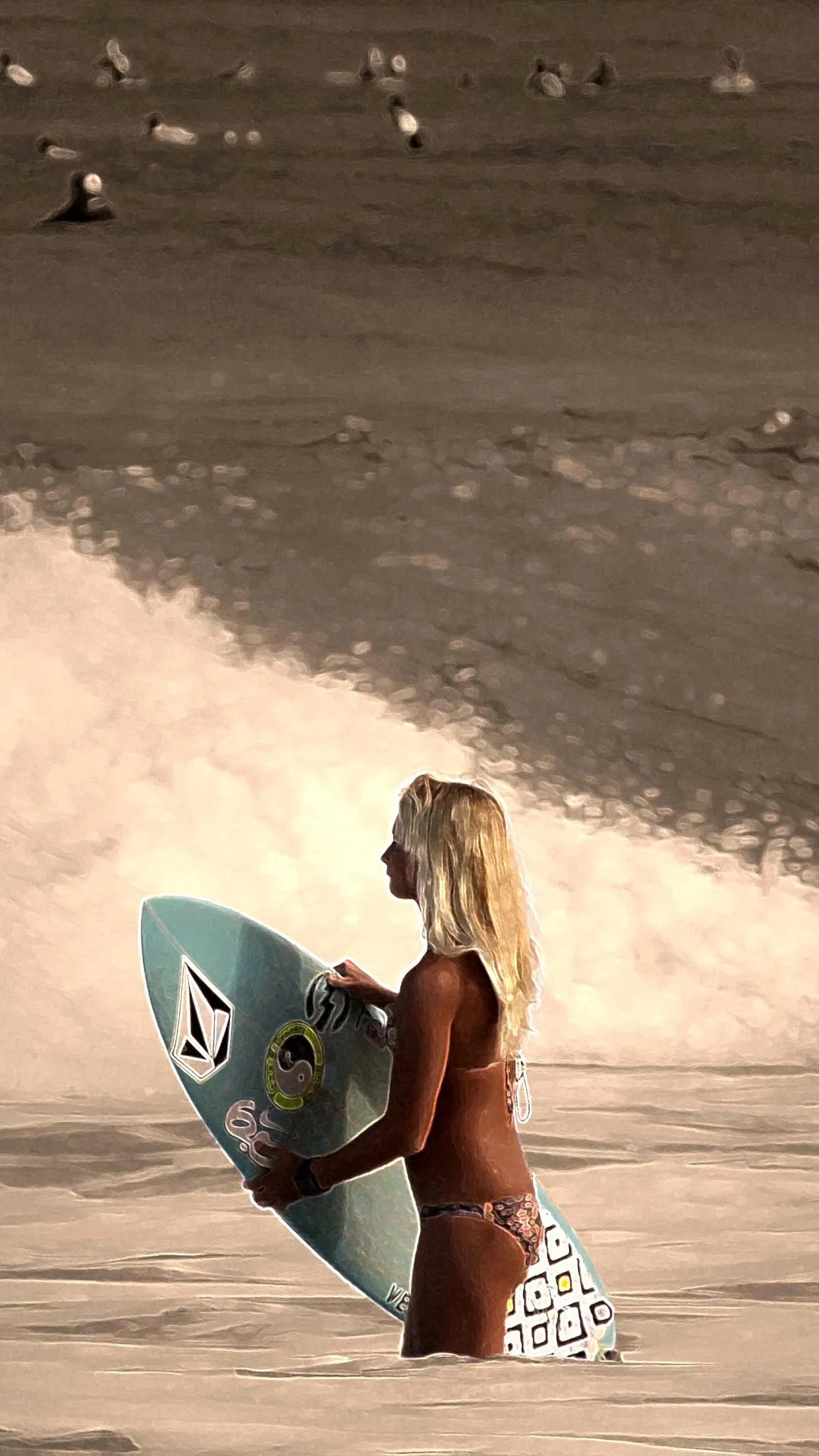Surfer Woman Walking on the Beach Carrying a Surfboard Image