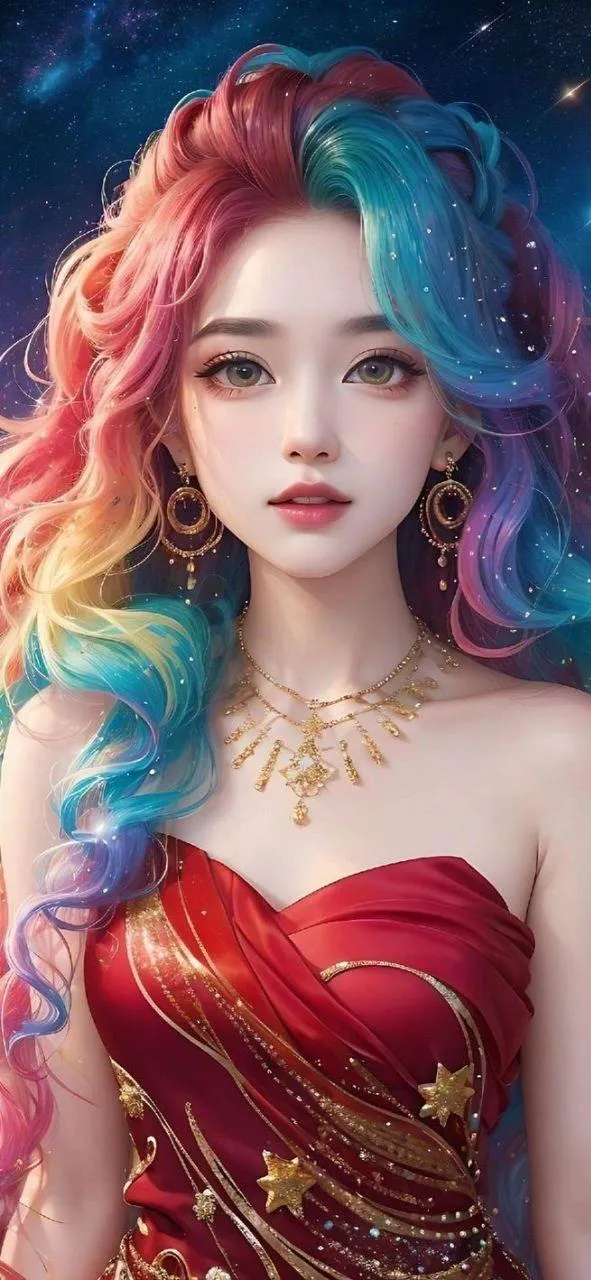Vibrant Fantasy Woman with a Red Dress And Rainbow Hair