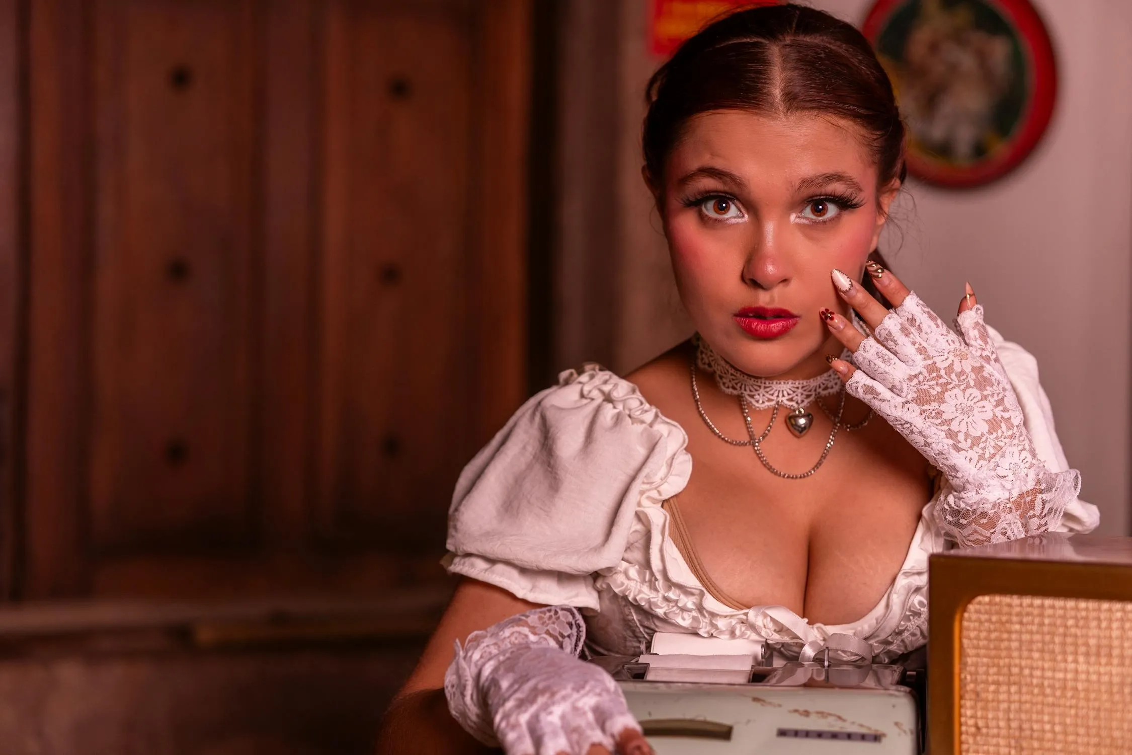 Vintage Look of a Young Woman Sitting in a Wooden Cabin