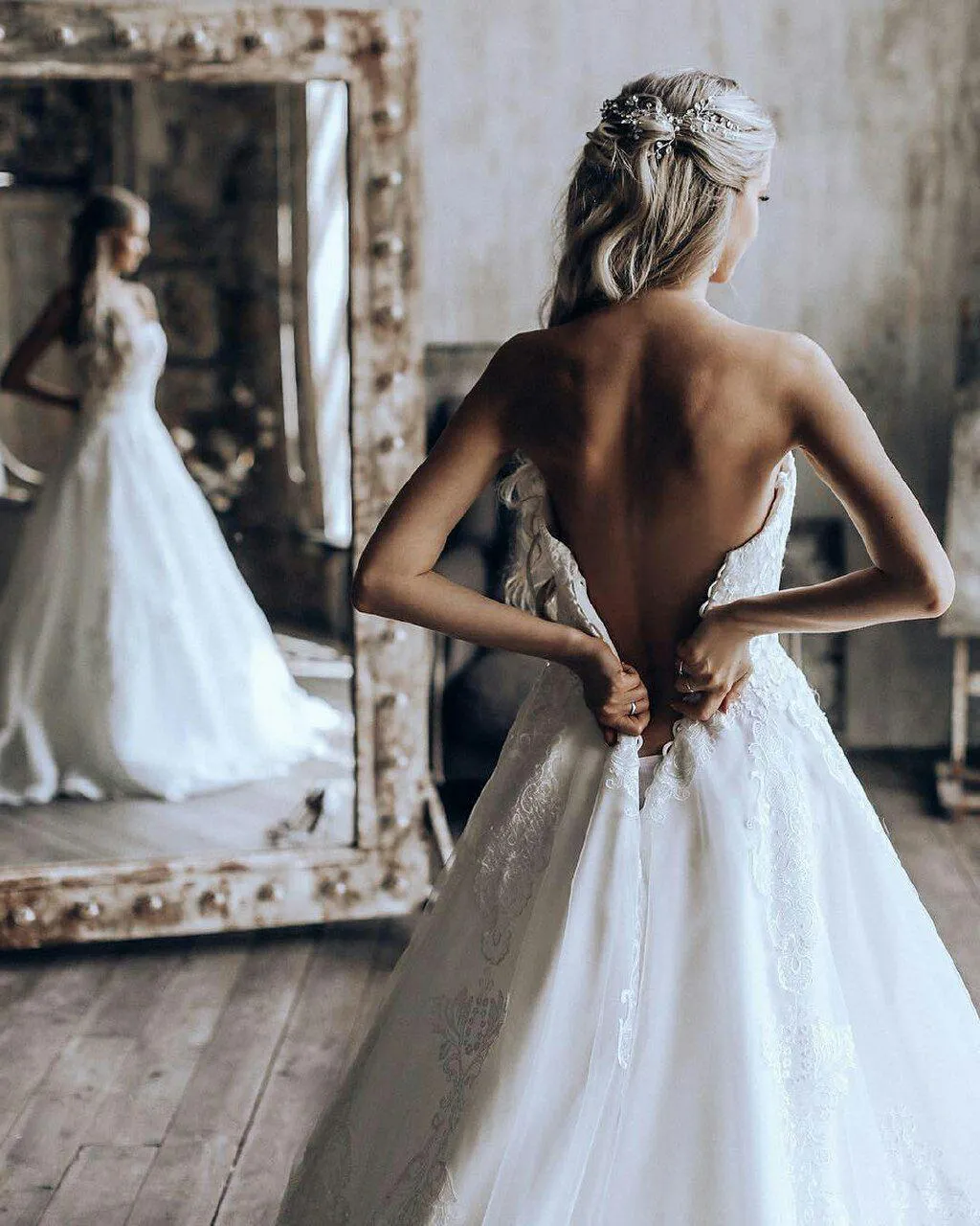 Woman in a Bridal Gown Gazing at a Mirror Reflection Scene