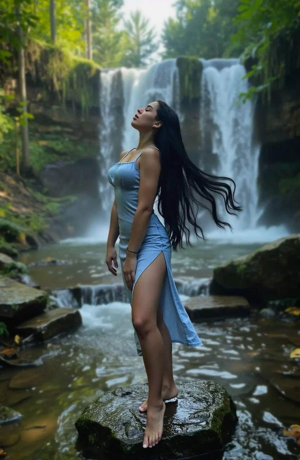 Woman in a Waterfall Scene Poses in a Flowing Dark Dress