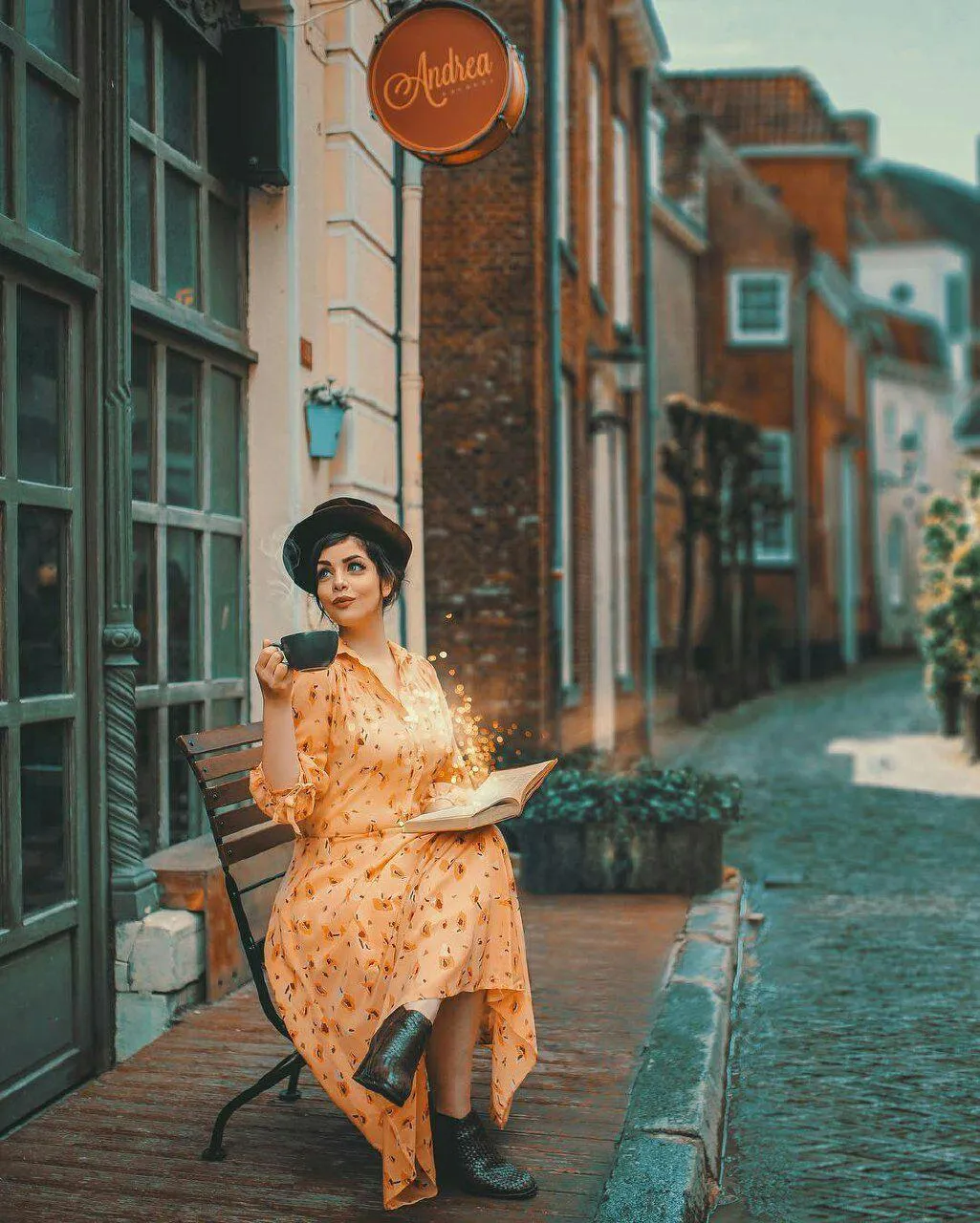 Woman in a Yellow Dress Walking Down a Colorful Street Image
