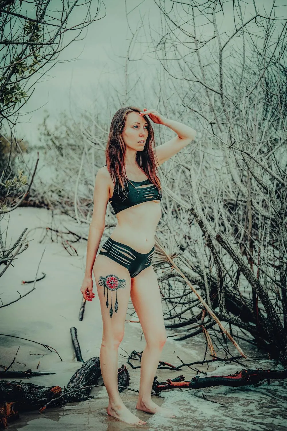 Woman Posing in a Lingerie Outdoors with Winter Background