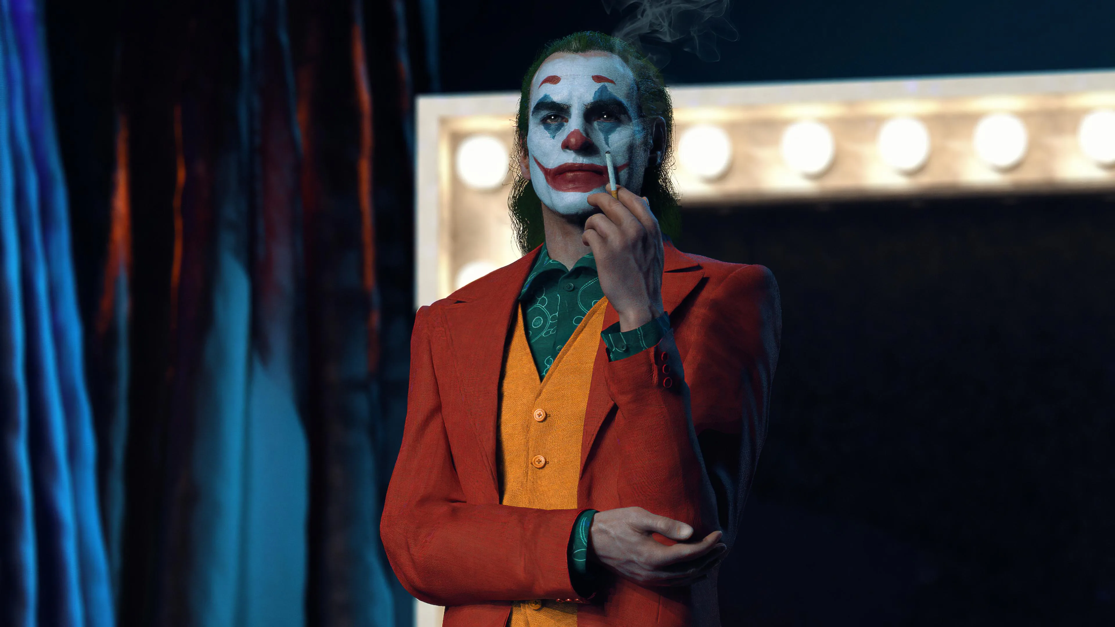 Joaquin Phoenix Joker in Red Suit Standing on Stage 4K Image