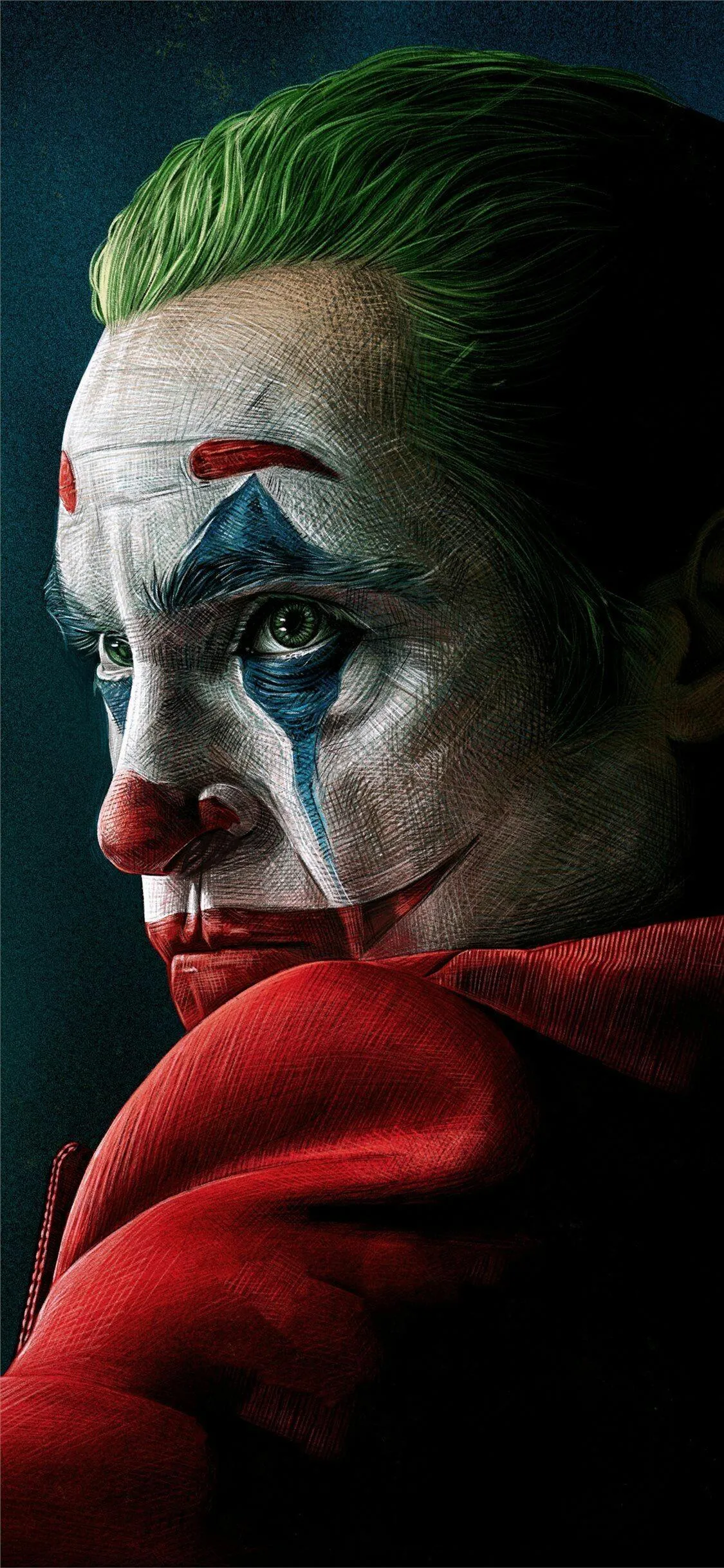 Joker Looking Back in Red Suit Portrait 4K Free Wallpaper