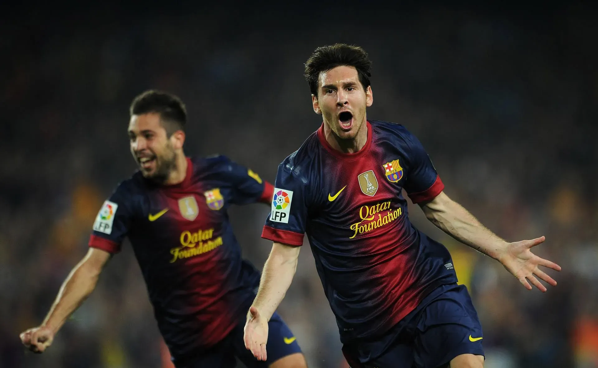 Lionel Messi Celebrates An Iconic Goal For Fc Barcelona