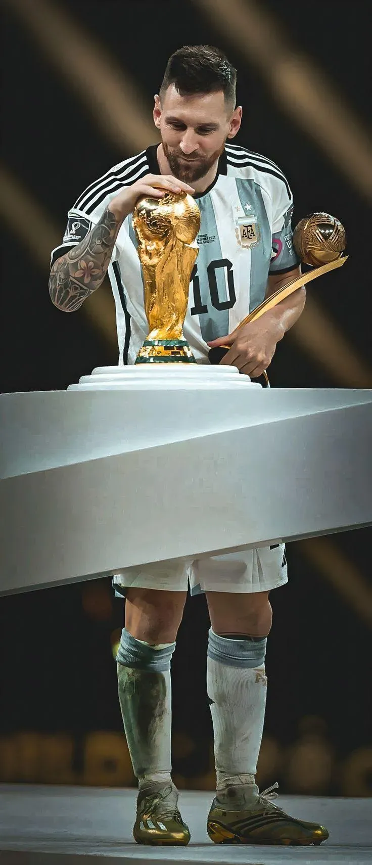 Lionel Messi With Two Trophies Hd Mobile Wallpaper